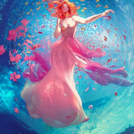 Image similar to Triss Merigold in a swirling sundress of flowers, underwater, floral explosion, radiant light, vortex of plum petals, by WLOP, Victo Ngai and artgerm, artstation, deviantart