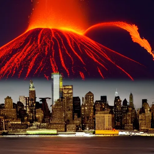 Image similar to volcano erupting in the middle of manhattan,