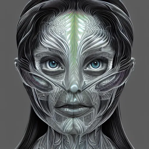 Image similar to holographic headset interface painted in alex grey and cameron gray style drawn by oku, inspired by ooioo, intricate 3 d sculpture, black and white, 3 d, high detail, sharp high detail, artstation, octane