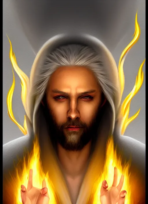 Prompt: « portrait of the white - haired jesus in a white robe and flaming yellow eyes, holding seven stars in right hand, high - contrast, intricate, elegant, highly detailed, digital painting, artstation, concept art, smooth, sharp focus, illustration »