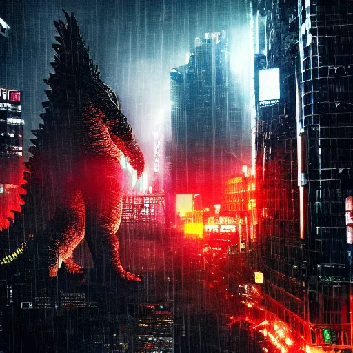 Prompt: Godzilla ravaging through cyberpunk Tokyo while it rains heavily,moody atmosphere,digital art,8k,award winning