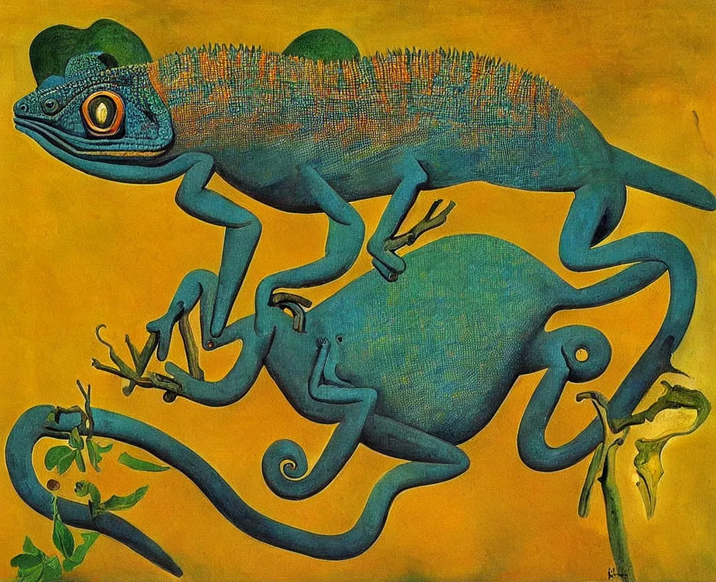 Prompt: achingly beautiful naturalist painting of a chameleon. picasso, dali.