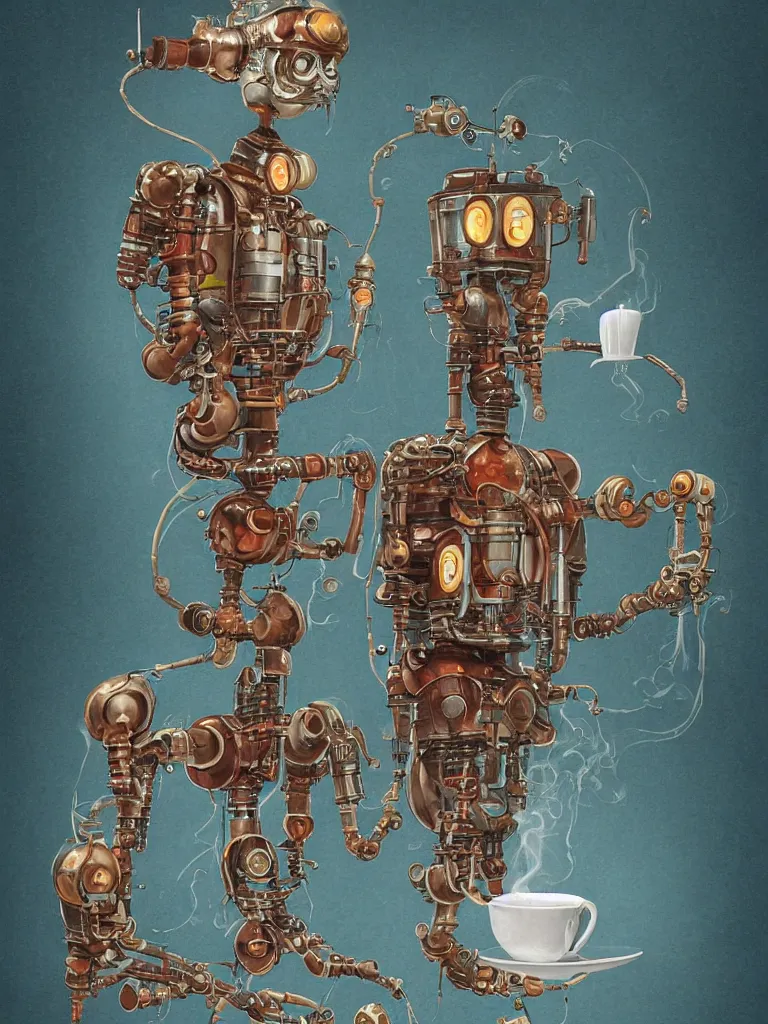 Image similar to full-length portrait of a singular old mechanical friendly empatic robot offering a cup of fresh steaming hot coffee, by Simon Stalenhaag, by Yoshita Amano, by Esao Andrews, sharp focus, fresh colors, deviantart, conceptart
