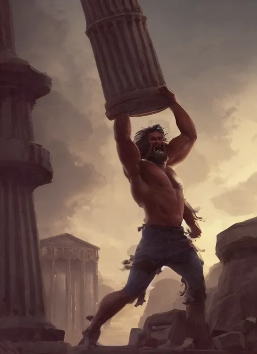 Image similar to illustration of young tim robbins with dark brown hair and a big bushy beard, big muscles, holding a greek column on his shoulder and grinning by greg rutkowski, bayard wu