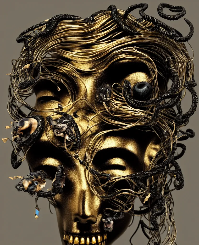 Image similar to black background. goddess princess face close-up portrait ram skull. sculpture made of gold and black charcoal. jellyfish phoenix head, nautilus, orchid, skull, betta fish, bioluminiscent creatures, intricate artwork by Tooth Wu and wlop and beeple. octane render, trending on artstation, greg rutkowski very coherent symmetrical artwork. cinematic, hyper realism, high detail, octane render, 8k