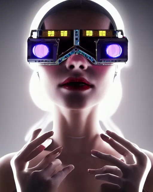Image similar to centered portrait photo by vermeer of female dancer as a cyberpunk mecha humanoid robotic parts wearing goggles with bright lights, holding a pudica pose, inside white room, ultra - realistic and detailed, 8 k