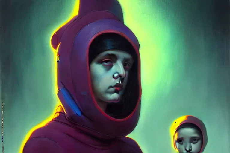 Prompt: patron saint of 👻, futuristic baggy streetwear, neon god of city character portrait, in the style of moebius, tom bagshaw, and waterhouse, cinematic lighting, beautiful, elegant, sharp focus, smooth details, intricate oil painting,