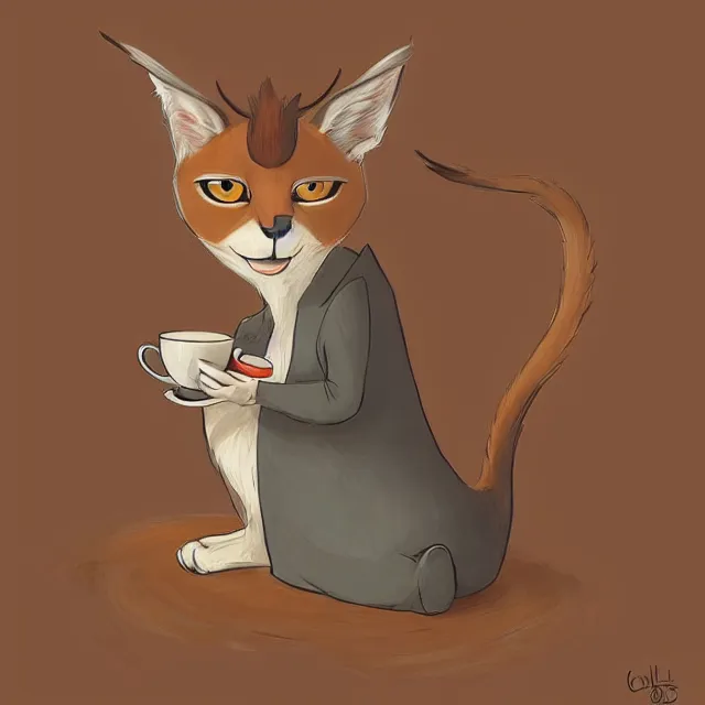 Image similar to cute caracal drinking coffee, by cory loftis, character art, art, very coherent, plain background, lighthearted, soft painting