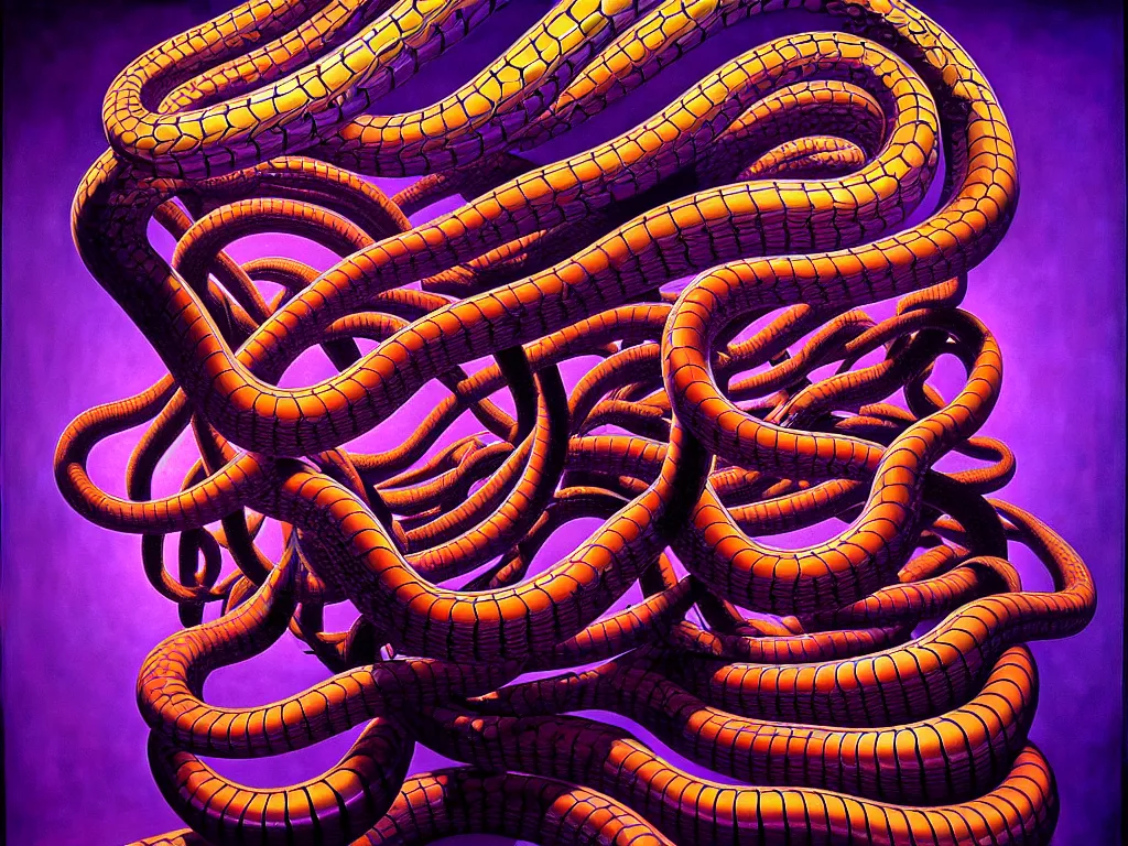 Prompt: hyper realistic painting by chuck close and simon bisley, basil wolverton, depth perception, cinematic horror, kaleidoscopic, dramatic lighting, brightly lit purple room, a web made of snakes