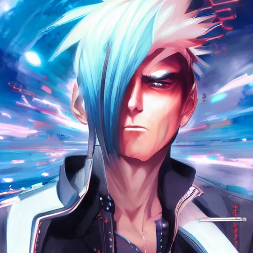 Image similar to An anime portrait of Celldweller in cyberspace, by Stanley Artgerm Lau, WLOP, Rossdraws, James Jean, Andrei Riabovitchev, Marc Simonetti, and Sakimichan, tranding on artstation