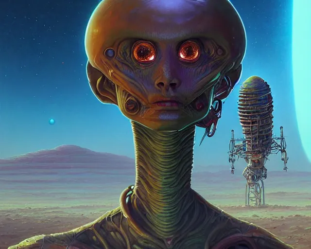 Image similar to highly detailed portrait of an alien, in mars attacks!, stephen bliss, unreal engine, fantasy art by greg rutkowski, loish, rhads, ferdinand knab, makoto shinkai and lois van baarle, ilya kuvshinov, rossdraws, tom bagshaw, global illumination, radiant light, detailed and intricate environment