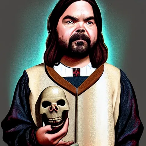 Image similar to a portrait of matt berry as a medieval doctor holding a skull, pixar, dark fantasy