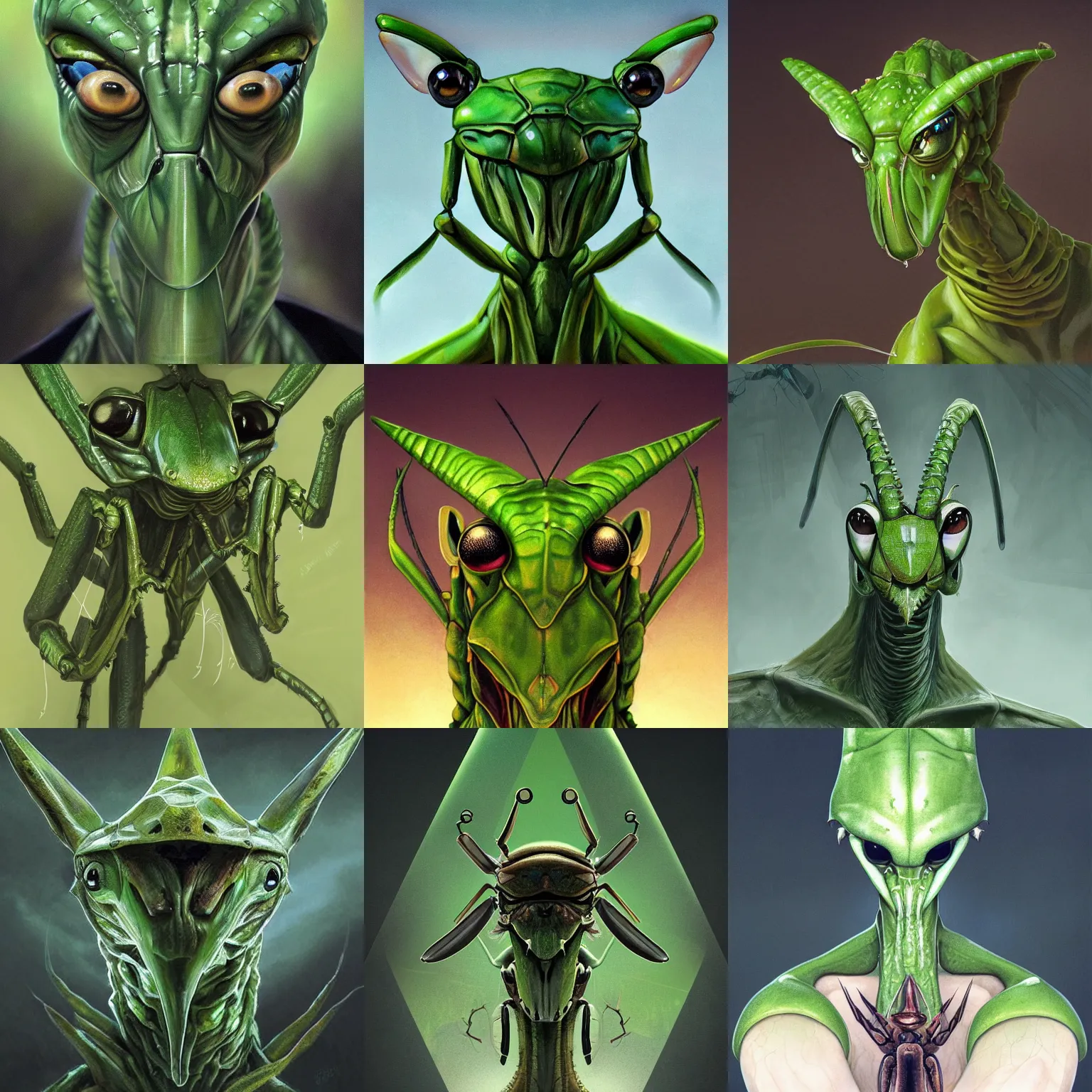 Prompt: stunning portrait of a green anthropomorphic mantis religiosa ; powerful front forearms folded in prayer ; hard predatory look ; d & d rogue ; flat triangle - shaped head with antennae ; concept art ; artstation ; 8 k ; wallpapers ; heavy contrast ; cinematic art ; cgsociety ; art by greg rutkowski and ayami kojima