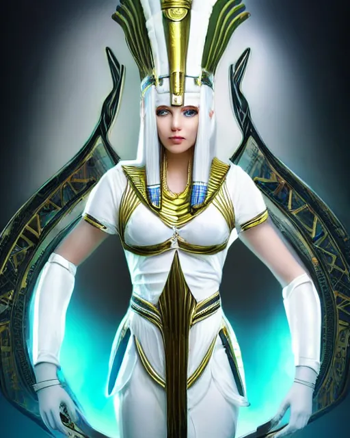 Image similar to perfect white haired attractive egyptian goddess, warframe armor, pharaoh headdress, beautiful, symmetric, dreamy, half asian, pretty face, green eyes, charlize theron, detailed, scifi platform, laboratory, experiment, 4 k, ultra realistic, epic lighting, android body, illuminated, cinematic, masterpiece, art by akihito tsukushi, voidstar