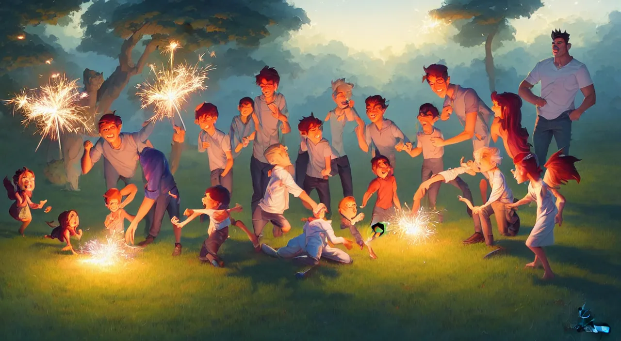 Prompt: family out in their back yard having a birthday party carrying sparklers, in marble incrusted of legends official fanart behance hd by Jesper Ejsing, by RHADS, Makoto Shinkai and Lois van baarle, ilya kuvshinov, rossdraws global illumination