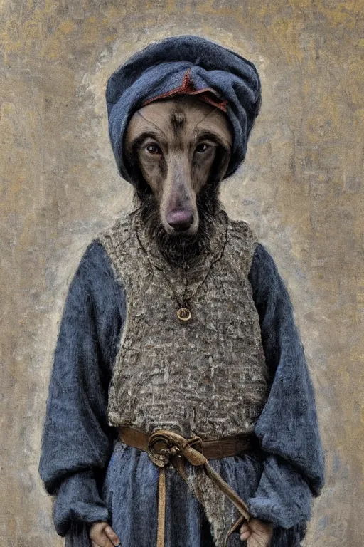 Image similar to slavic dog head man, woolen torso in medieval clothes, building a house, orthodox saint christopher, oil painting, painting by viktor vasnetsov, painting by viktor whimmy, concept art, hyperrealism, beautiful, high resolution, trending on artstation,