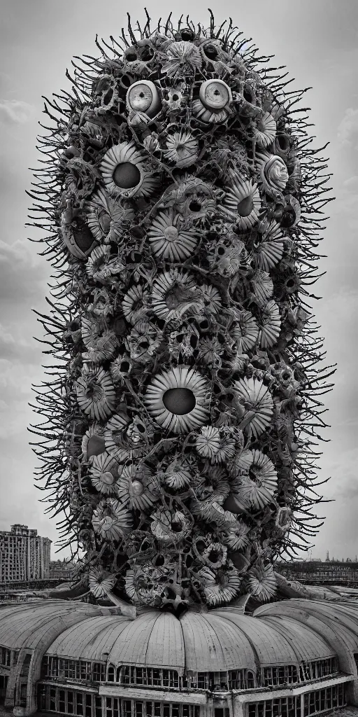 Prompt: colossal Beelzebub flower made from angry smiles in the middle of post soviet constructivist cityscape, Stalinist architecture, brutalist architecture, ultradetailed, Intricate by Makoto Shinkai and Giuseppe Arcimboldo and MC Esher and Wes Anderson and H.R. Giger