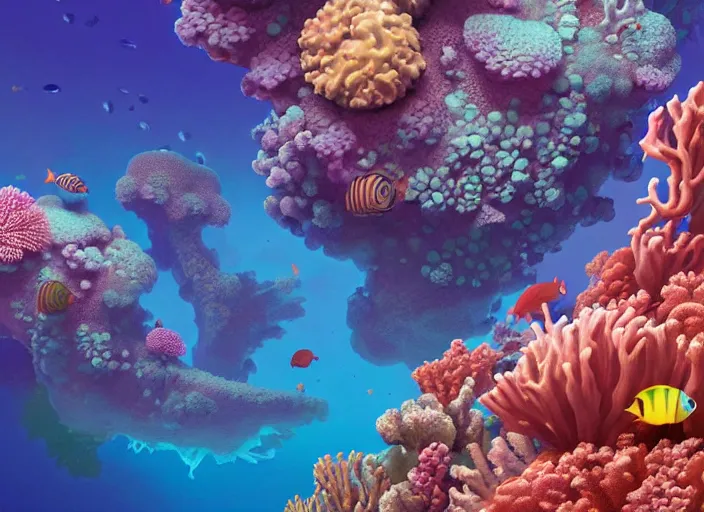 Image similar to a luminescent underwater reef with corals and aquatic life by paolo eleuteri serpieri and tomer hanuka and chesley bonestell and daniel merriam and tomokazu matsuyama, unreal engine, high resolution render, featured on artstation, octane, 8 k, highly intricate details, vivid colors, vector illustration