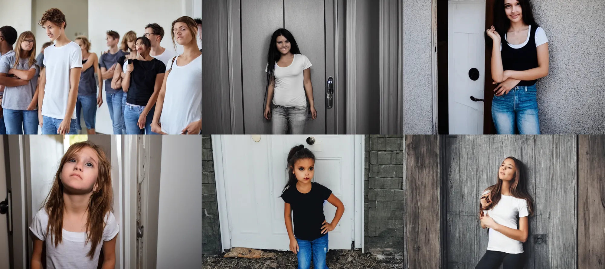 Prompt: cute girl in a plain white T-shirt waiting in line to enter a spooky door