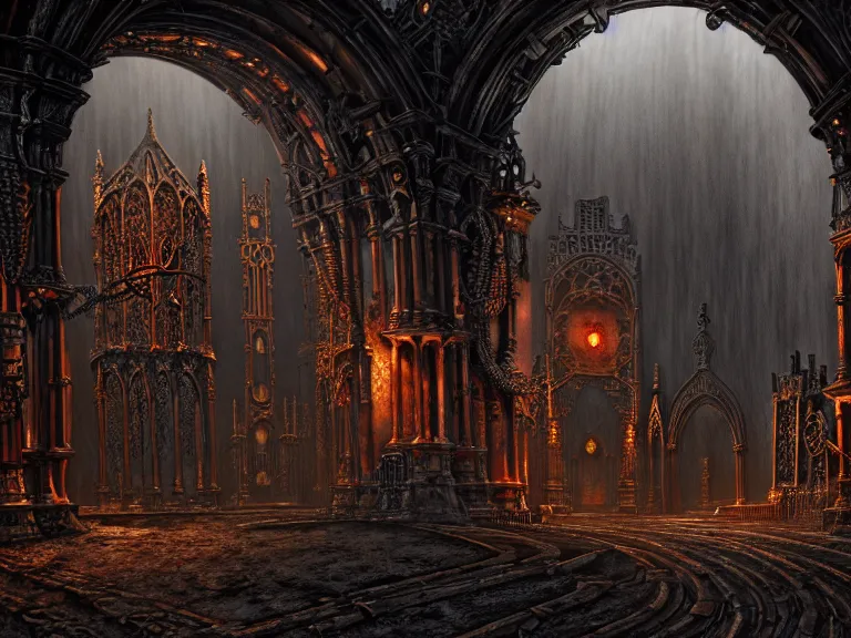 Image similar to steam necropolis, memento mori, gothic, neo - gothic, art nouveau, hyperdetailed copper patina medieval icon, stefan morrell, philippe druillet, ralph mcquarrie, concept art, steampunk, unreal engine, detailed intricate environment, octane render, moody atmospherics, volumetric lighting, ultrasharp, ominous, otherworldly