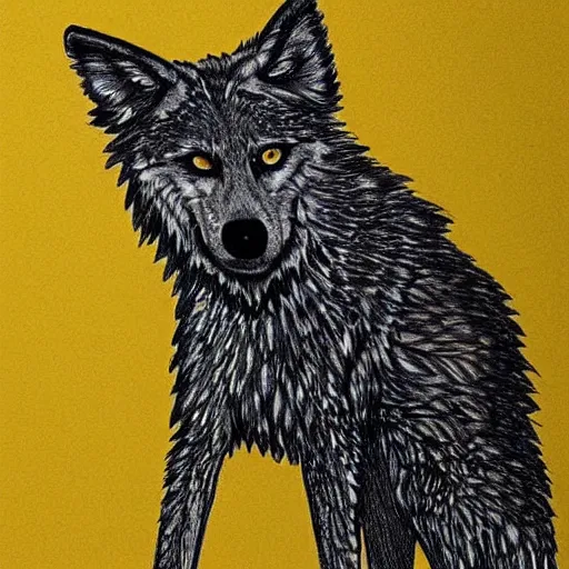 Image similar to lineart of a silly mexican grey wolf wearing a yellow raincoat from the series dark ( netflix series ), devianart trending, positive