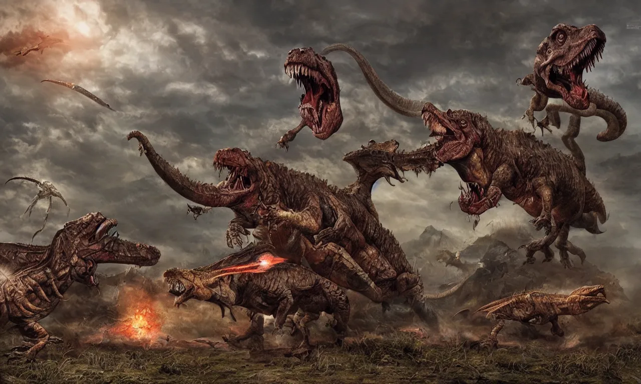 Prompt: prehistoric yajuta predator, battling a tyrannosaurus, dinosaur slayer, epic cinematic matte painting,