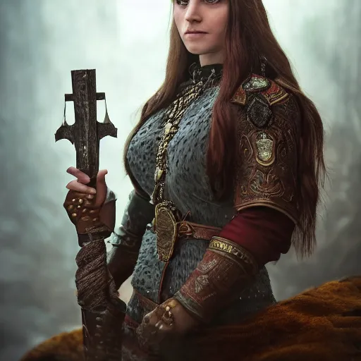 Image similar to the elder scrolls vi, charismatic regal brunette female jarl, portrait, rustic throne room, atmospheric lighting, painted, intricate, volumetric lighting, beautiful, daytime,, slight overcast weather, 4 0 0 0 k, sharp focus, deep colours, ultra detailed, by leesha hannigan, ross tran, thierry doizon, kai carpenter, ignacio fernandez rios