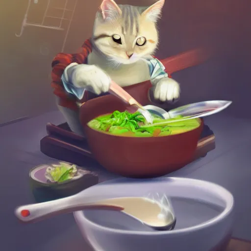 Image similar to a cat cooking soup, stirring a pot with a ladle and cutting vegetables, fantasy illustration, trending on artstation, deviantart, very realistic, 4k