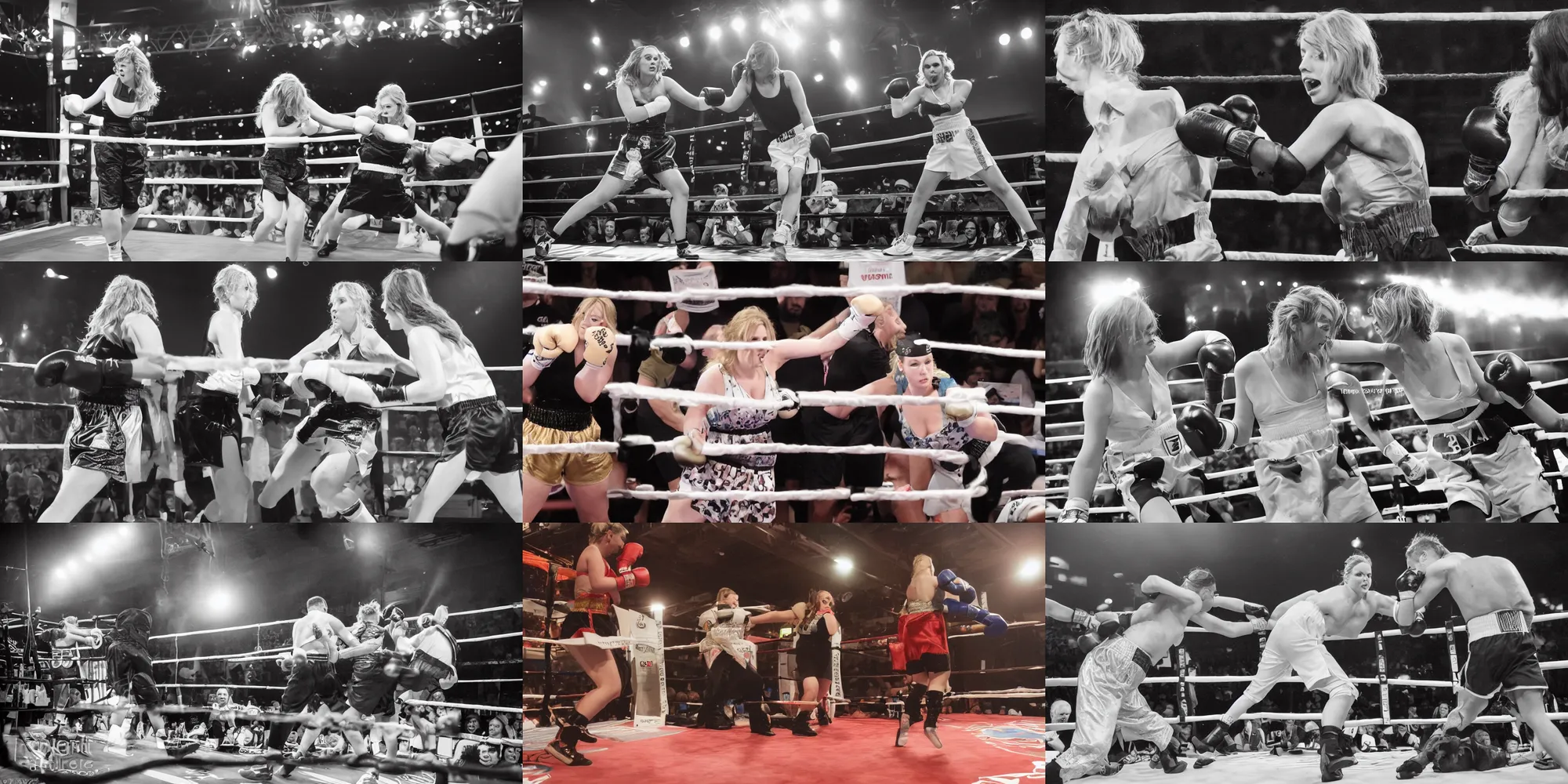 Prompt: Photograph of Adele and Taylor Swift in a boxing match, boxing Arena, bright lights, Sports photography