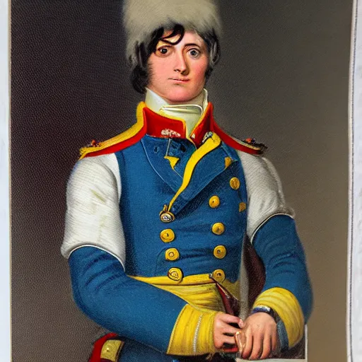 Image similar to a napoleonic infantryman taking a selfie, in the style of a school book photo.