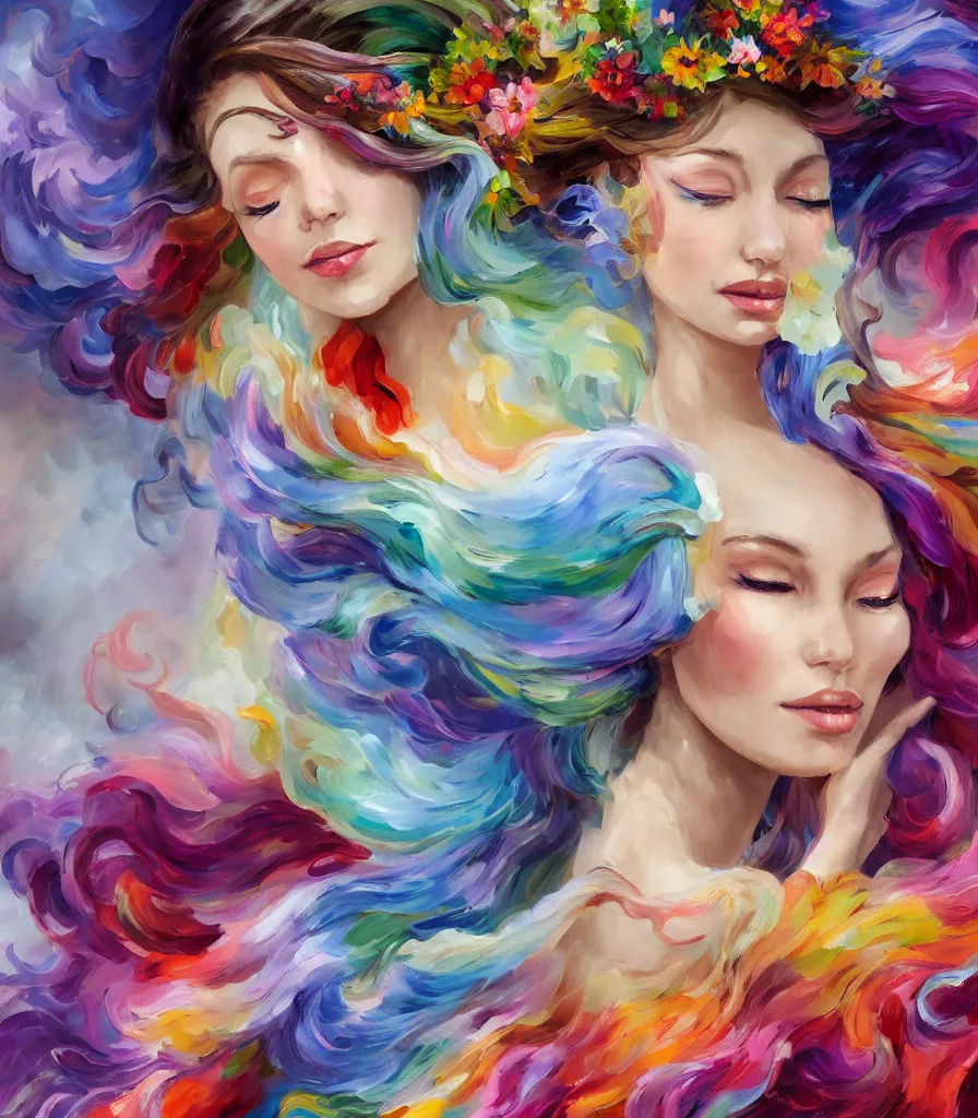 Image similar to a colorful and provenance illustrations painting of the fantasy female who with floral wing, highly detailed, her hair made of hair made of air wind and curling smoke, mist, dust, genie, spirit fantasy concept art, art by afremov and leonid, trending on artstation.