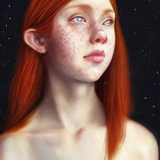 Prompt: portrait of a red haired girl, long hair, green eyes, hint of freckles, beautiful round face, soft amazed smiles, among golden fireflies, highly detailed, deep focus, elegant, digital painting, smooth, sharp focus, golden ratio, illustration, ultra realistic, 8 k, art by caravaggio