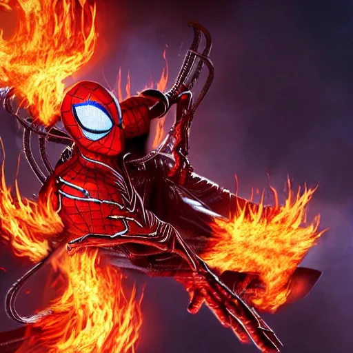 Image similar to spider - man as ghost rider, flaming skull, cgi style