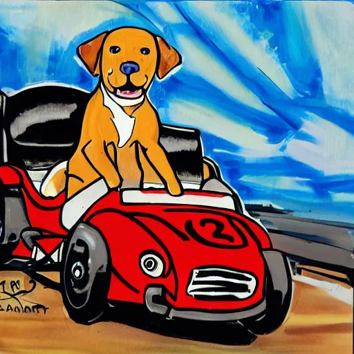 Prompt: a dog riding a race car in the style of P.D. Eastman