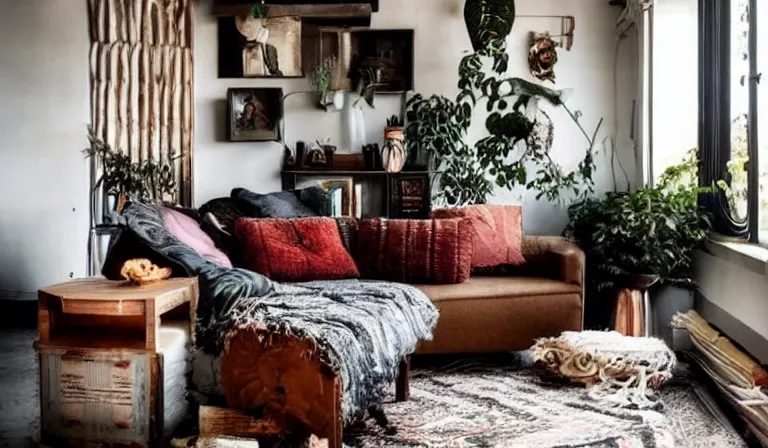 Image similar to sunrise 3 5 mm warm photo of a tastefully decorated bohemian living room with dark luxurious furnishings, and a mix of antique and modern furniture, and a mix of concrete and raw wood finishes, soft lighting