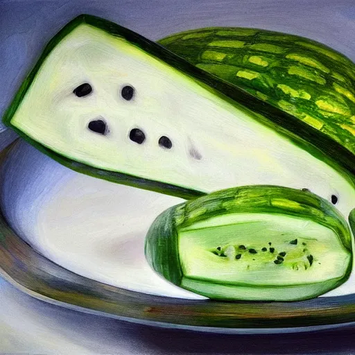 Prompt: white watermelon on the dish by WLOP