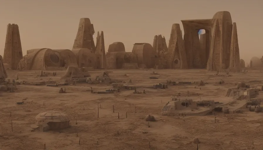 Image similar to mos eisley spaceport in a dust storm with skeletal temple buildings designed by hr giger, hyper realistic octane render, hd, cinematic, george lucas