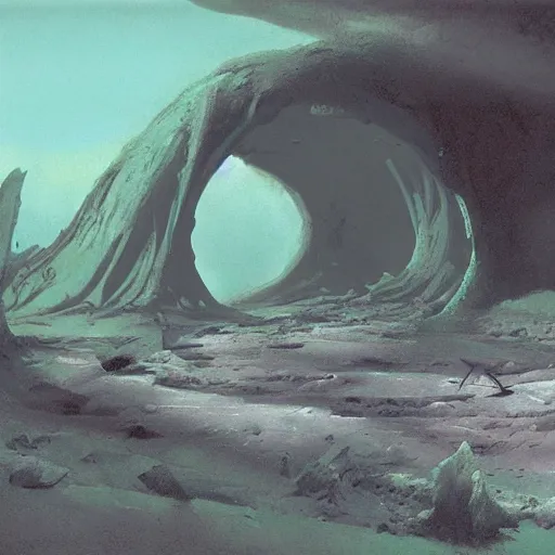 Image similar to photorealistic exotic alien landscape cave by John Schoenherr and Jim Burns