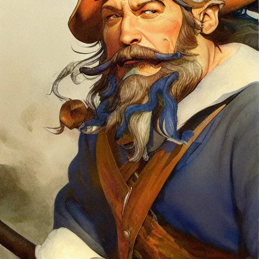 Image similar to N. C. Wyeth painting bearded pirate, painted fantasy character portrait, headshot, fantasy, highly detailed, digital painting, artstation, concept art, sharp focus, illustration, art by the golden age of American illustration archive, N. C. Wyeth, simon bisley and frank frazetta, artgerm and greg rutkowski and alphonse mucha