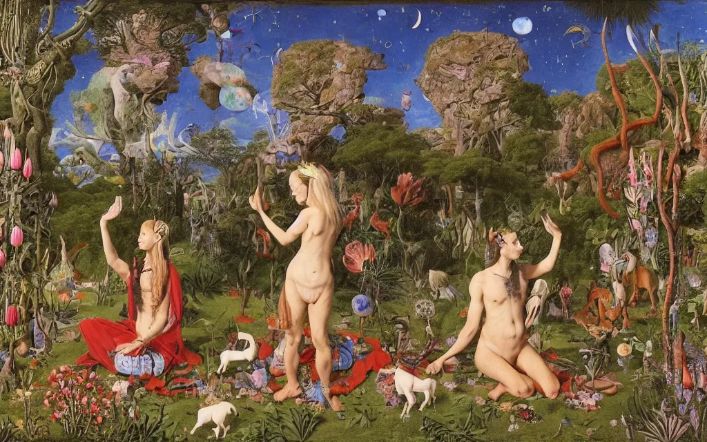 Image similar to photograph of a meditating centaur shaman and a striped catgirl feeding animals. surrounded by bulbous flowers, animals and a few trees. river delta with rock cliffs under a blue sky full of burning stars. painted by jan van eyck, max ernst, ernst haeckel, ernst fuchs and artgerm. trending on artstation, trending on cgsociety