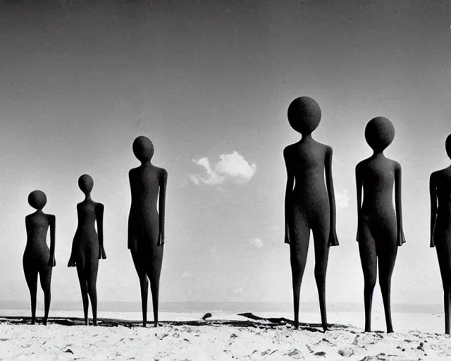 Prompt: a group of people standing on top of a sandy beach, a surrealist sculpture by Oskar Schlemmer, tumblr, surrealism, surrealist, grotesque, 1970s