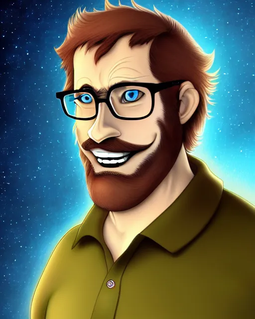 Prompt: cell shaded, pleasant, happy, husky, nerdy man character portrait, on an alien planet, wearing polo shirt, earth tones, dark auburn wavy hair, full beard, glasses without frames, freckles, by don bluth, highly detailed, dynamic shadows, 4 k, wallpaper - 1 0 2 4