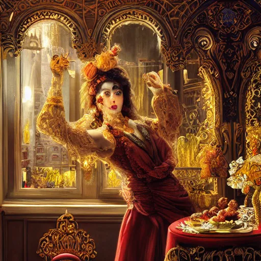 Prompt: Neo Rococo Expressionist, orientalism, diffuse lighting, fantasy, intricate, elegant, highly detailed, lifelike, photorealistic, digital painting, artstation, illustration, concept art, smooth, sharp focus, The City of Lisbon in a luxurious lavish cake shop, art by John Collier and Albert Aublet and Krenz Cushart and Artem Demura and Alphonse Mucha