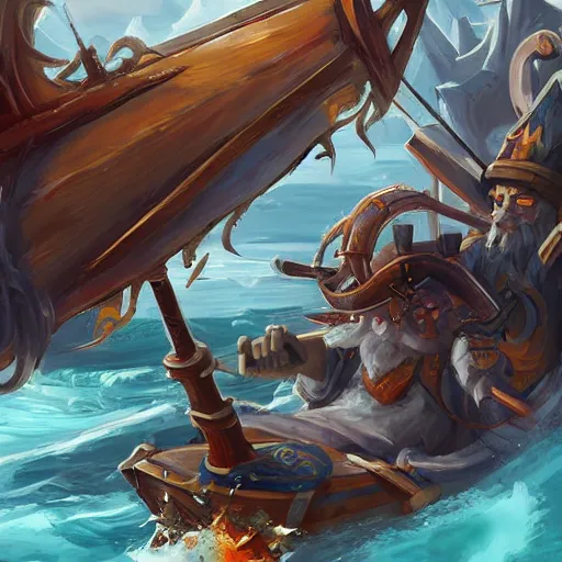 Image similar to arcane style viking battleship, viking cannons, viking spears and axes. spear and axes, blue sea waves background, bright art masterpiece artstation. 8 k, sharp high quality artwork, concept art by tooth wu, blizzard warcraft artwork, hearthstone card artwork