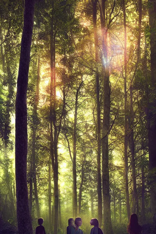 Image similar to intricate color photo of young lovers in a fantasy forest of tall trees 8 k octane beautifully detailed render