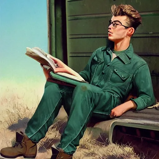 Prompt: a highly detailed epic cinematic concept art CG render digital painting artwork costume design: young James Dean as a well-kept neat mechanic in 1950s USSR green dungarees and big boots, reading a book. By Greg Rutkowski, Ilya Kuvshinov, WLOP, Stanley Artgerm Lau, Ruan Jia and Fenghua Zhong, trending on ArtStation, subtle muted cinematic colors, made in Maya, Blender and Photoshop, octane render, excellent composition, cinematic atmosphere, dynamic dramatic cinematic lighting, aesthetic, very inspirational, arthouse