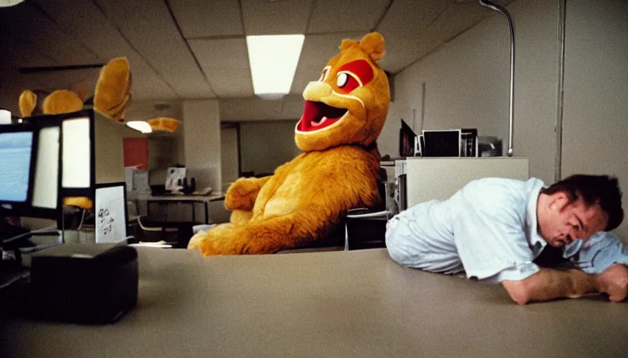 Prompt: 1990s candid 35mm photo of a beautiful day at the office, cinematic lighting, cinematic look, golden hour, a man is working at his cubicle when his very large and serious costumed mascot boss yells at him, large angry mascot face screaming at working man, man is dreaming of escaping through a tunnel in the floor, the tunnel has cinematic light beams shining out of it, UHD