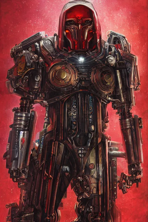 Image similar to portrait of adeptus mechanicus in red hood, cyborg, prist, cyberpunk, Warhammer 40000, highly detailed, artstation, illustration, art by Gustav Klimt