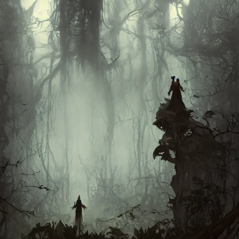 Prompt: a lone figure standing in front of a haunted victorian house in a dense dark forest, concept art, by Peter Mohrbacher and Alphonse Mucha, detailed, style, 8k, trending on artstation, unreal engine 4k, detailed, clean background trending, full shot, symmetrical portrait, sophisticated, Unreal engine, dystopia, anti-utopia, post processing, psychadelic