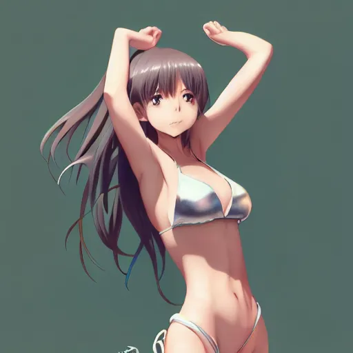 Prompt: an anime portrait of a cute girl full body, wearing a silver bikini, by Stanley Artgerm Lau, WLOP, Rossdraws, James Jean, Andrei Riabovitchev, Marc Simonetti, and Sakimichan, trending on artstation